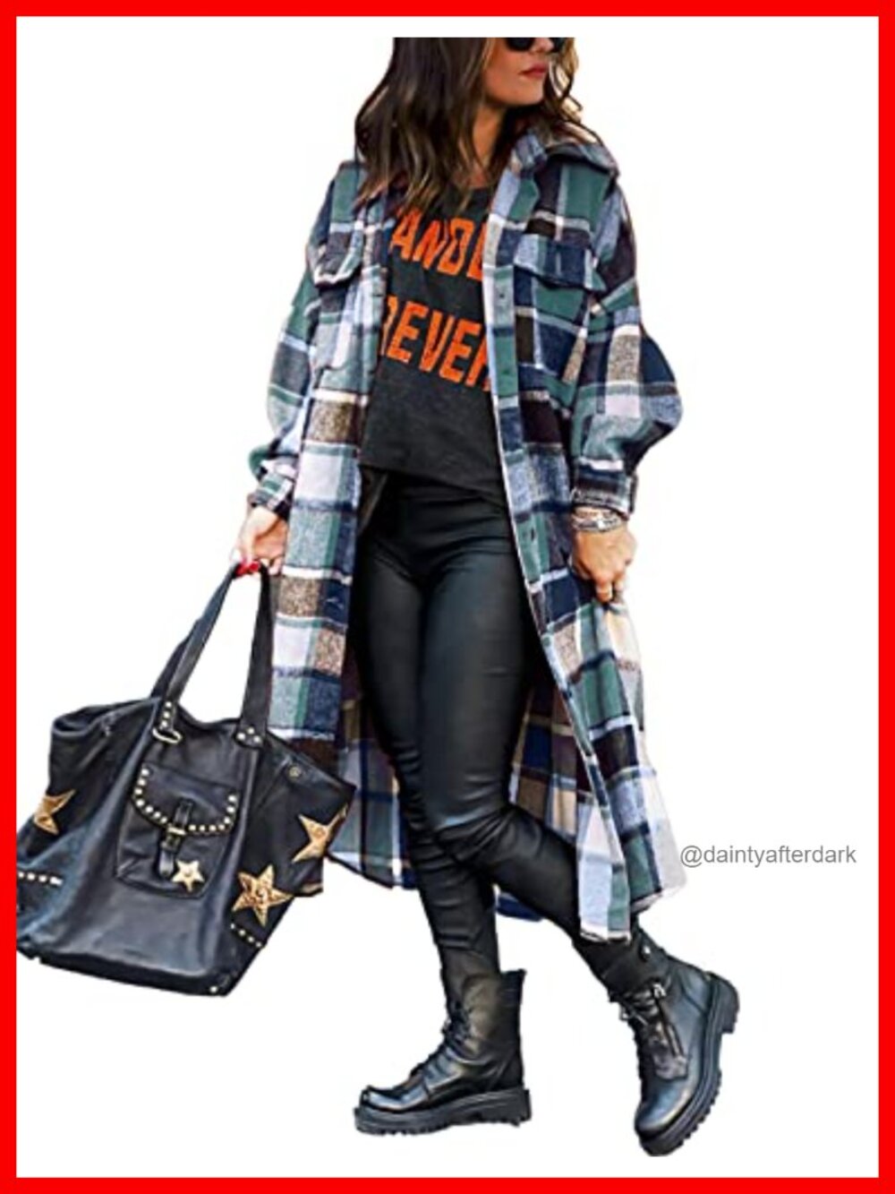 Plaid Flannel Shacket Oversized Button Down Long Shirt Jacket Coat